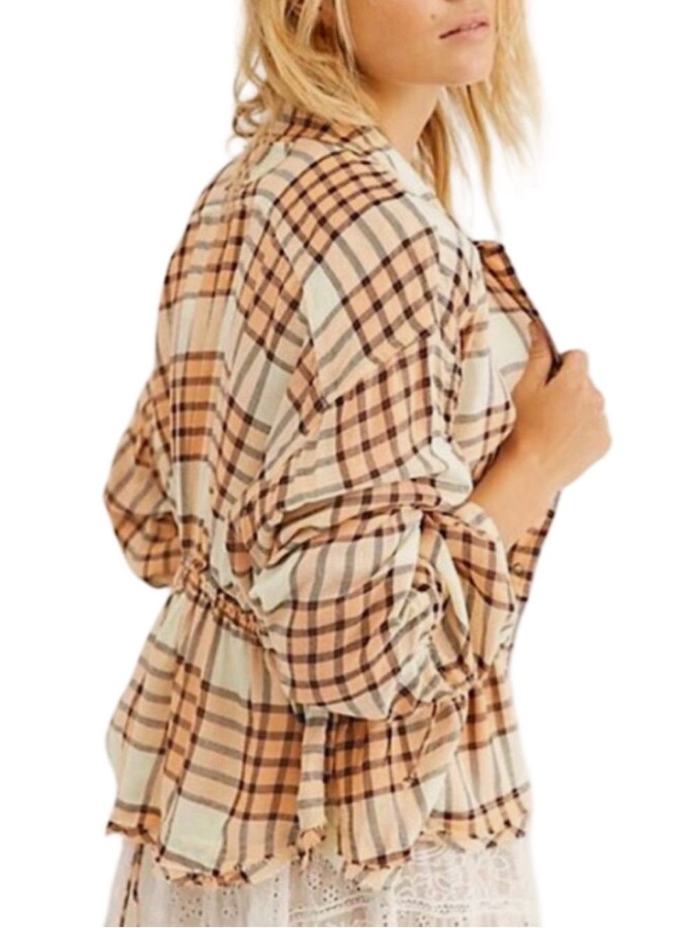 🍑Free People We the Free Pacific Dawn Plaid Shirt in Peach Tree, Size Medium